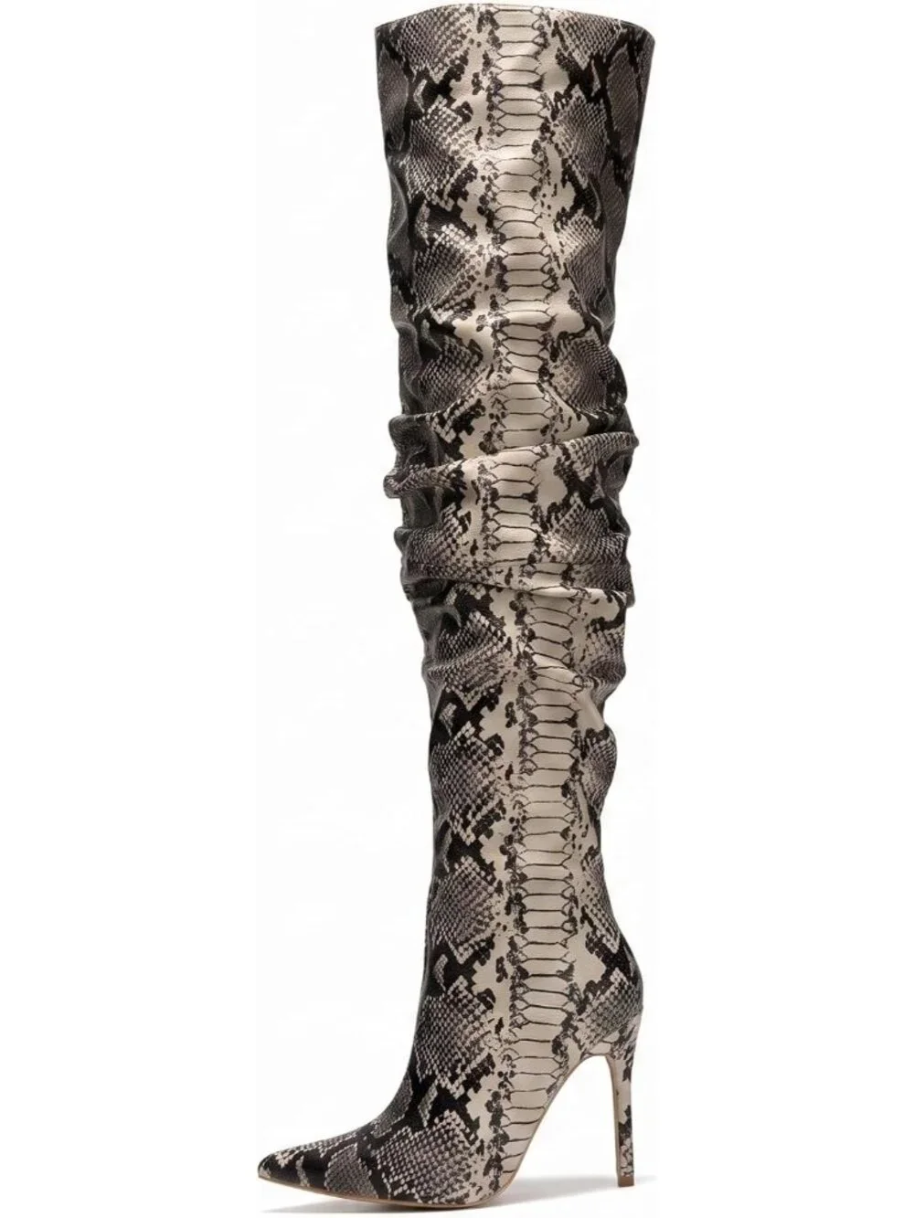Women's Snake Pointed Toe Thigh High Stiletto Heels Slouchy Over-the-Knee Boots